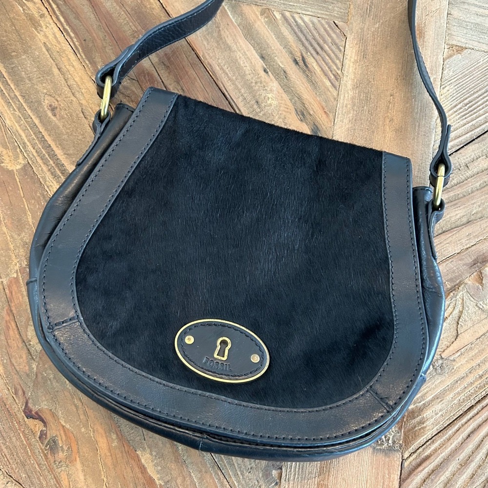 Fossil Black Haircalf Leather Crossbody Shoulder Bag Key Lock *READ*
